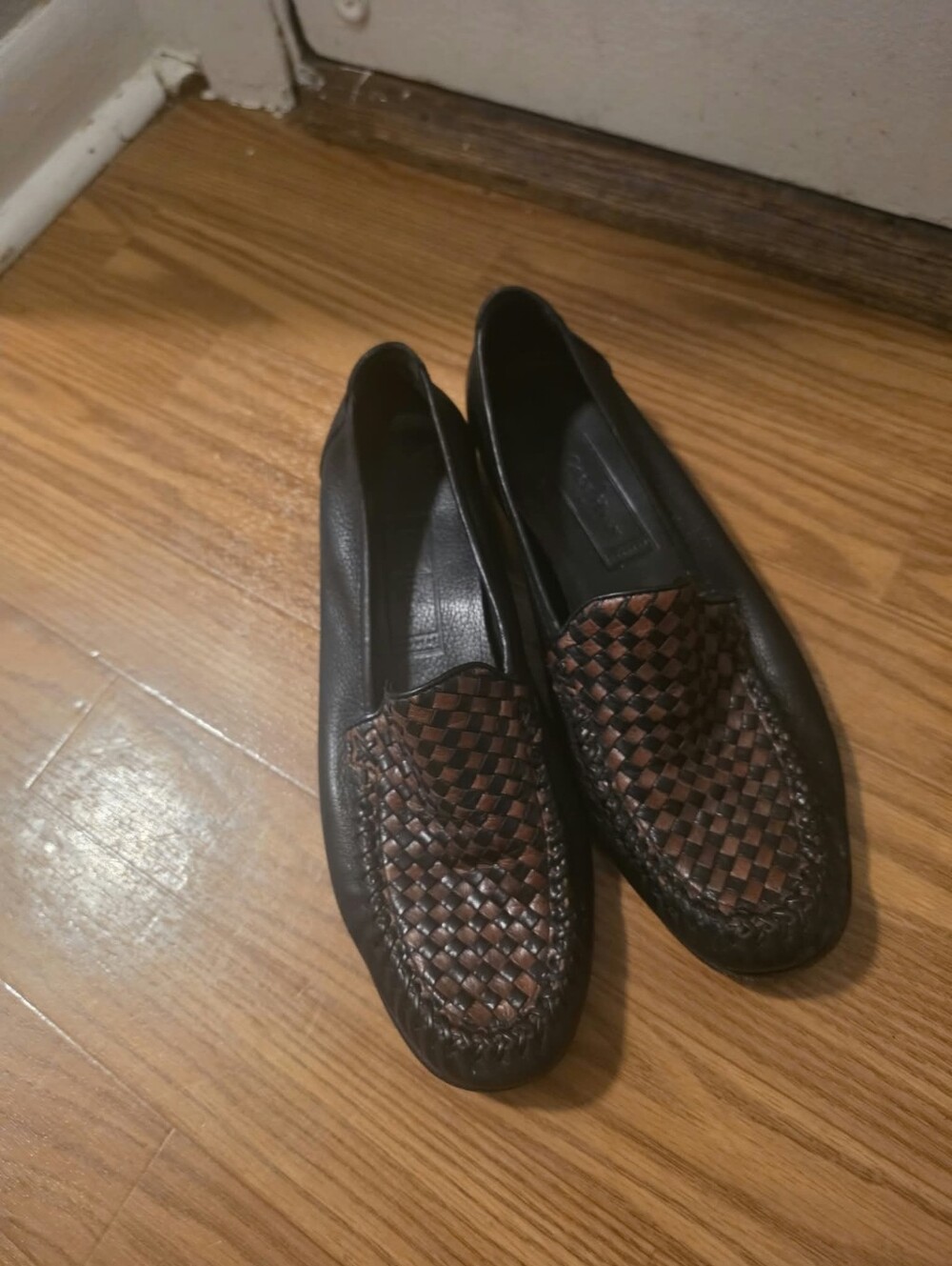 Cole Haan Black Leather Loafers with Brown Woven Vamp